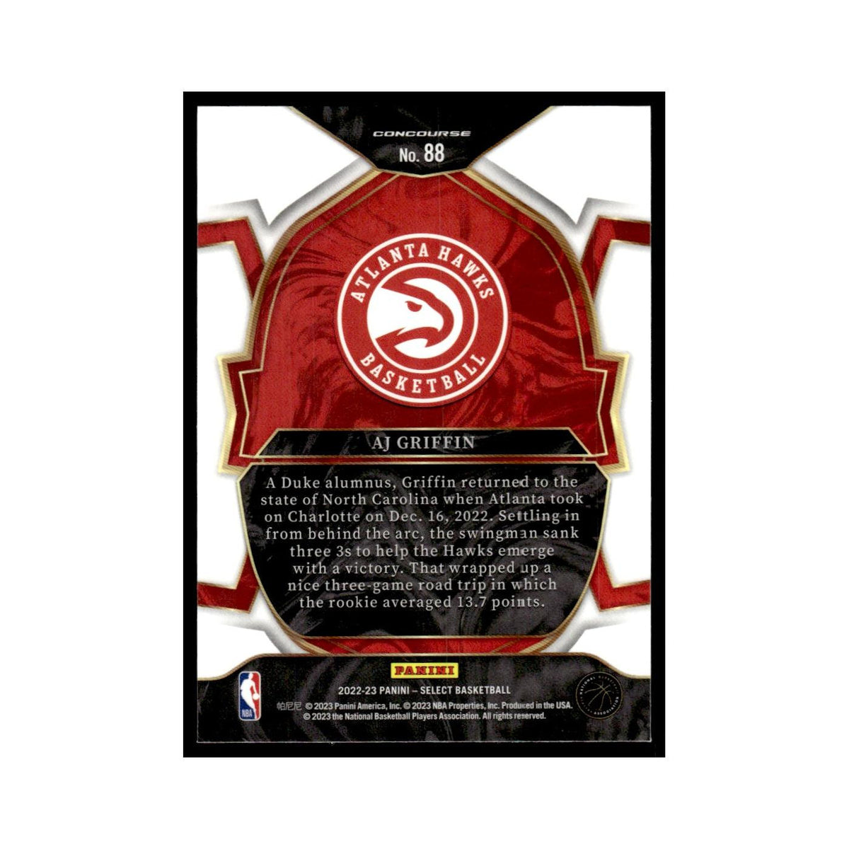 AJ Griffin 2022 Panini Select #88 Atlanta Hawks Basketball Card NM