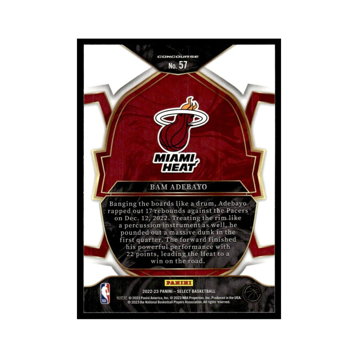 Bam Adebayo 2022 Panini Select #57 Miami Heat Basketball Card NM