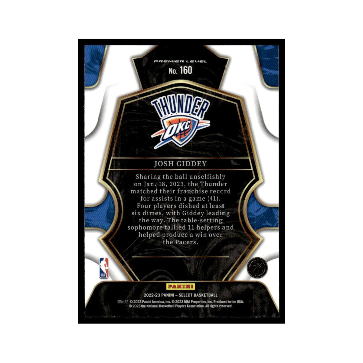 Josh Giddey 2022 Panini Select #160 Oklahoma City Thunder Basketball Card NM