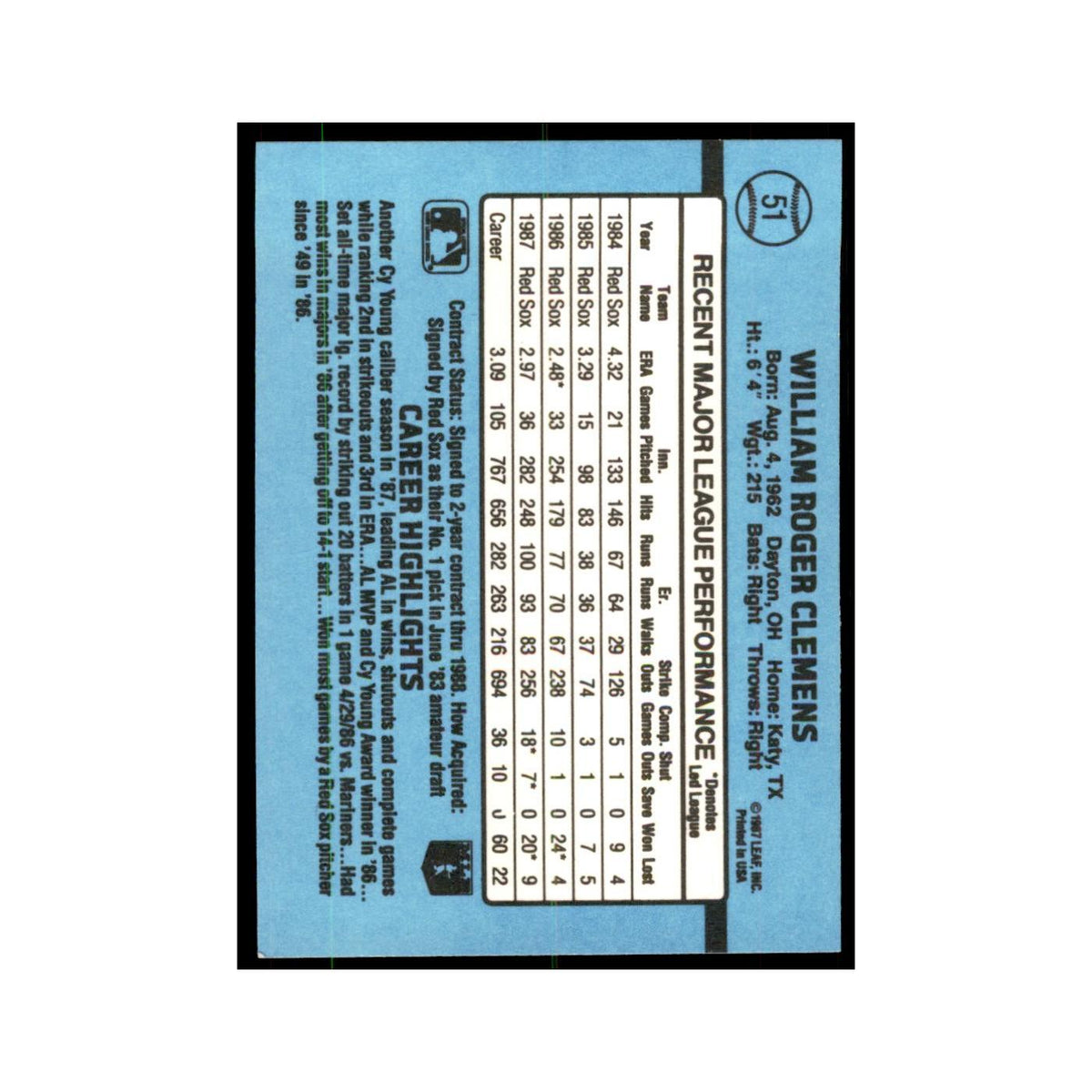 1988 Donruss Roger Clemens Baseball Cards #51