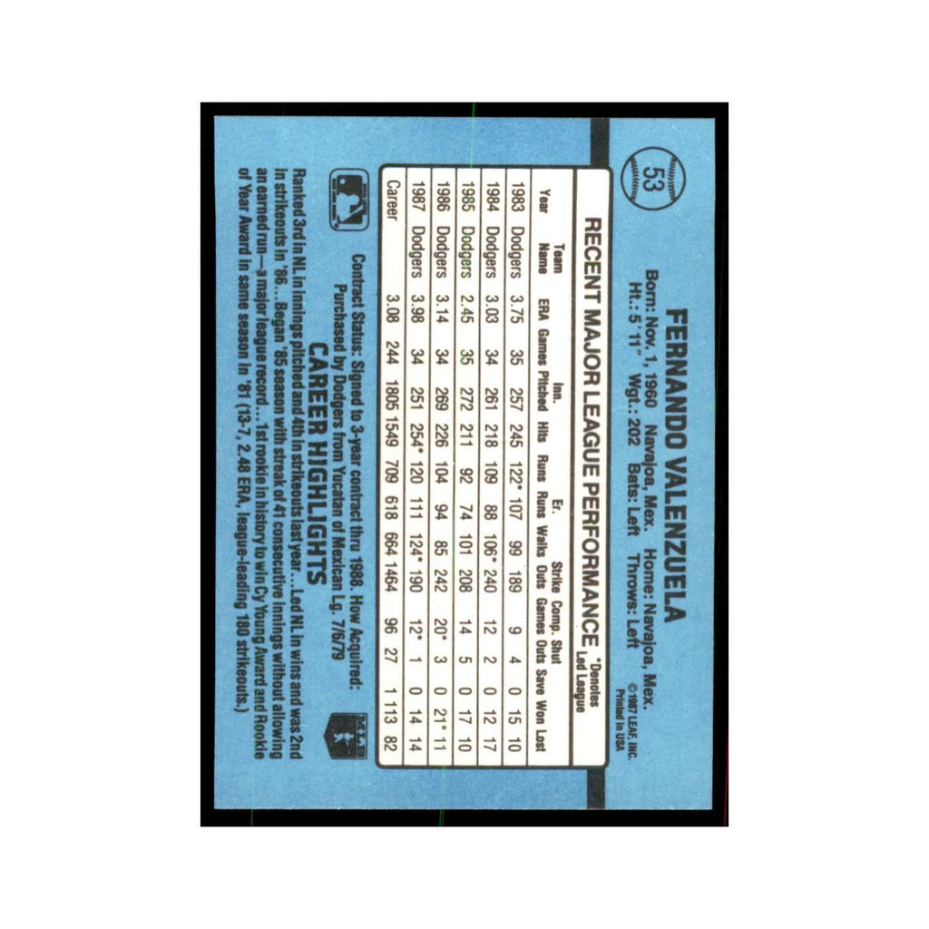 1988 Donruss Fernando Valenzuela Baseball Cards #53