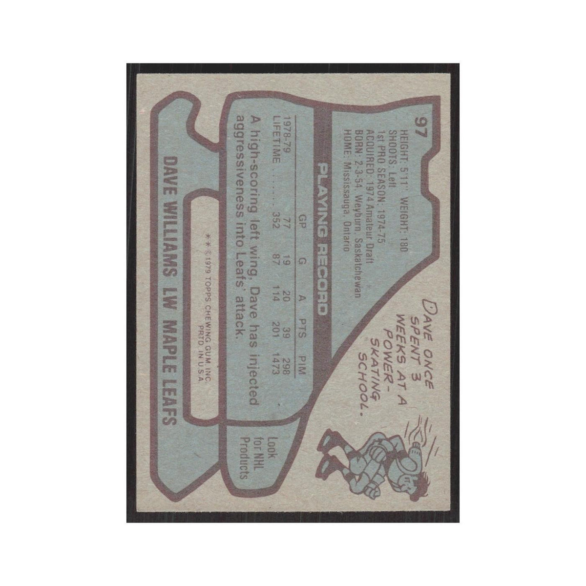 1979 Topps Dave Williams Toronto Maple Leafs #97
