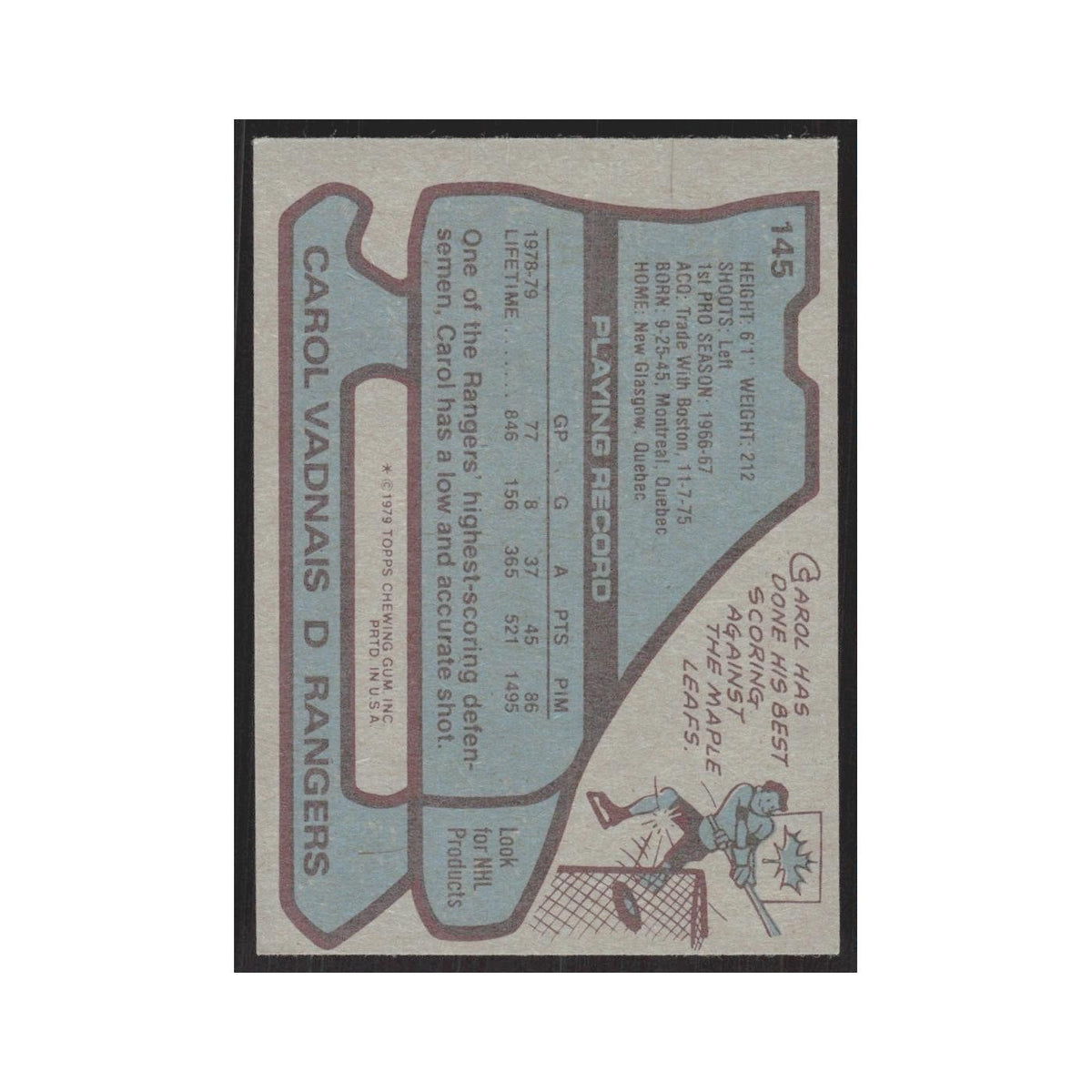 1979 Topps Carol Vadnais New York Rangers #145