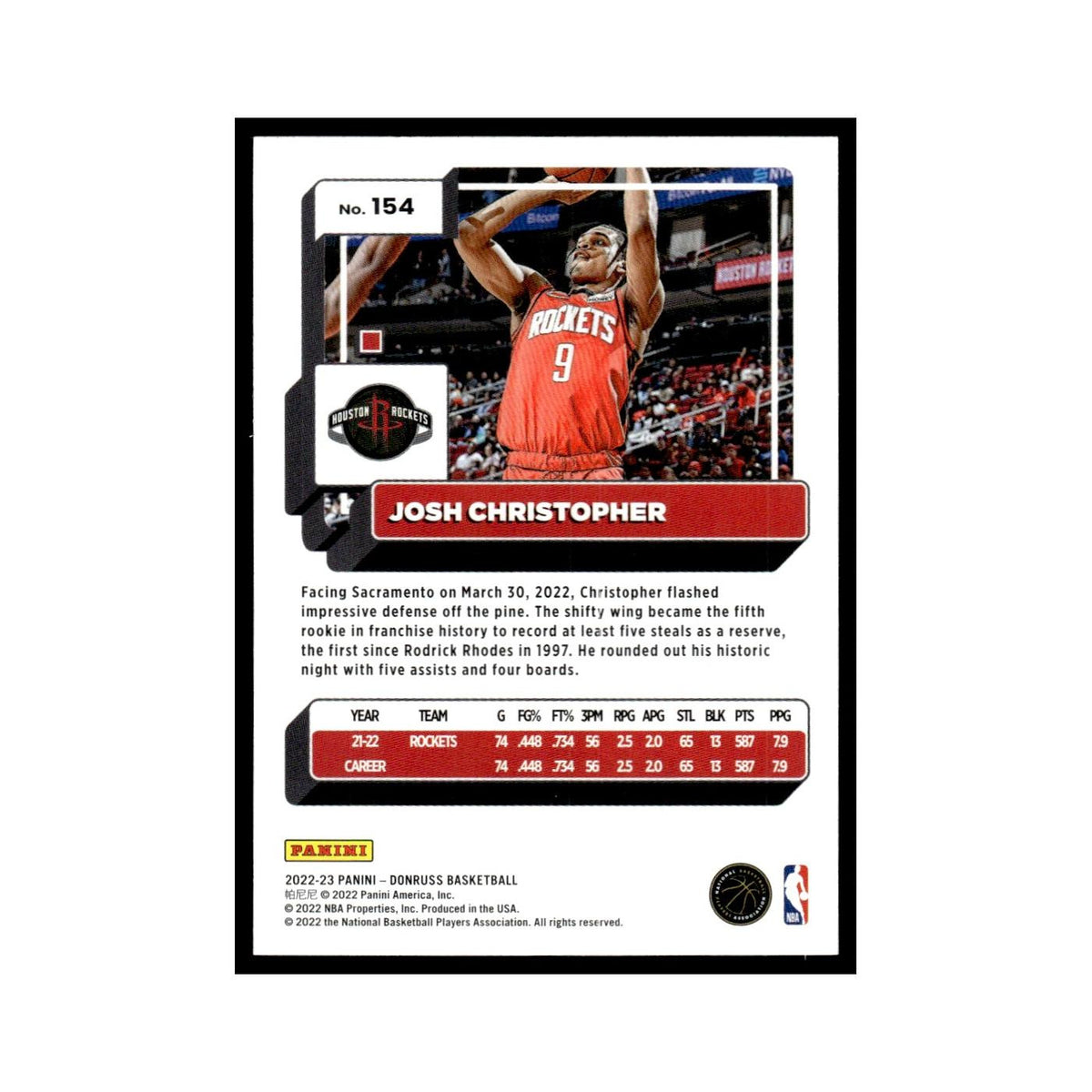 Josh Christopher 2022 Donruss #154 Houston Rockets Basketball Card NM
