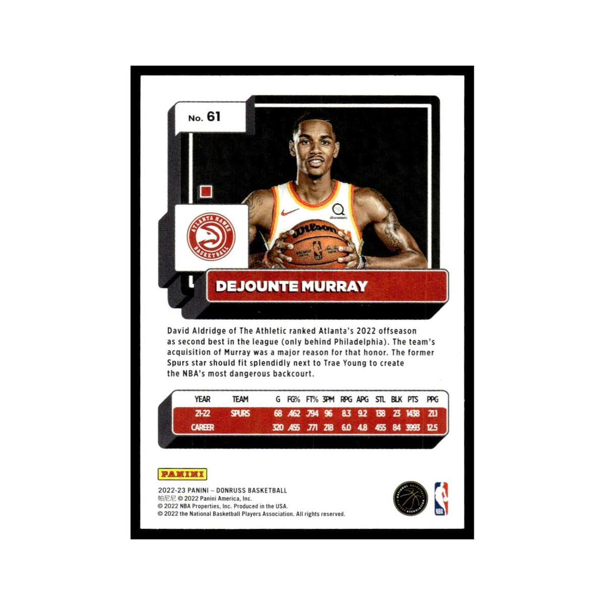 Dejounte Murray 2022 Donruss #61 Atlanta Hawks Basketball Card NM
