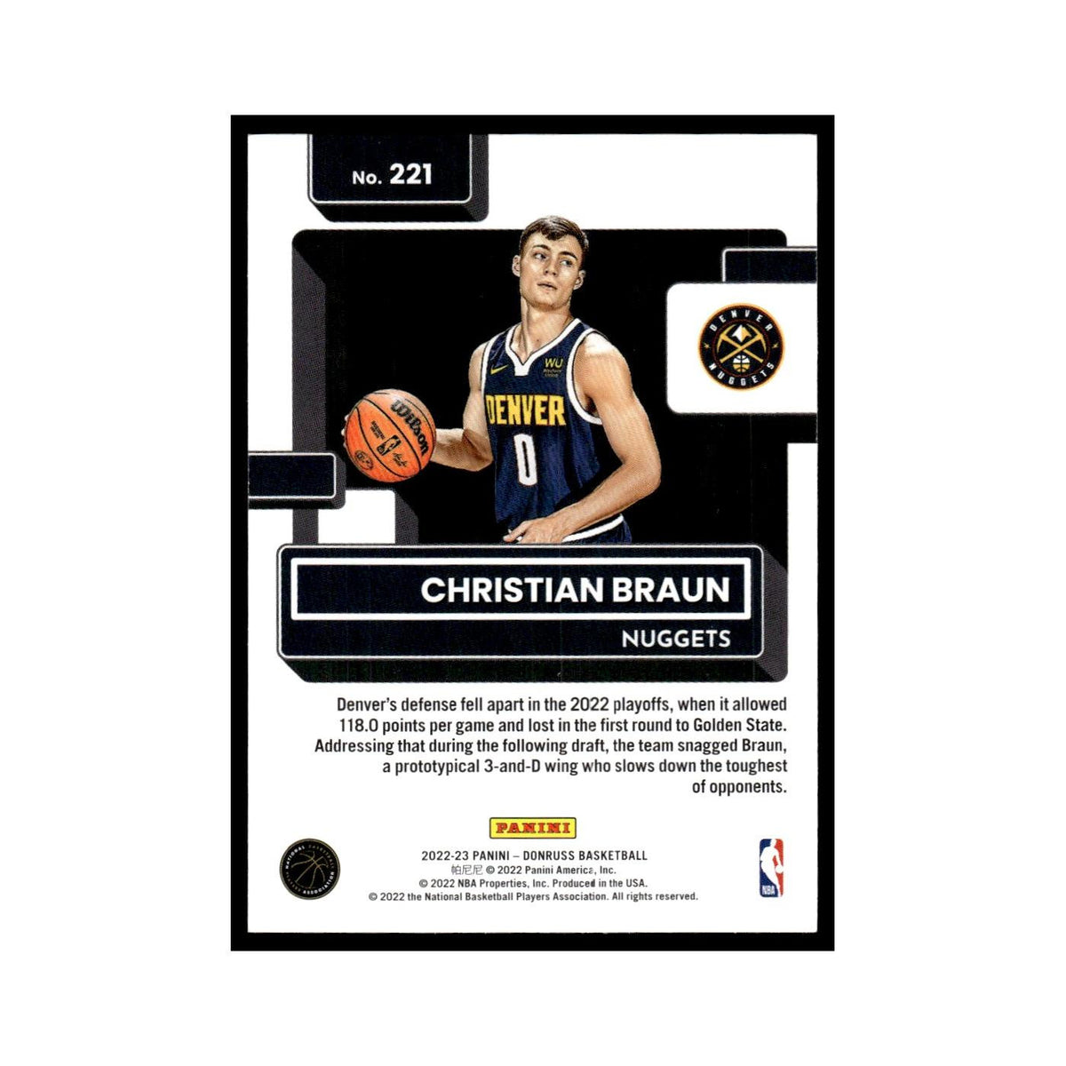 Christian Braun Auto 2022 Donruss #221 Denver Nuggets Basketball Card NM