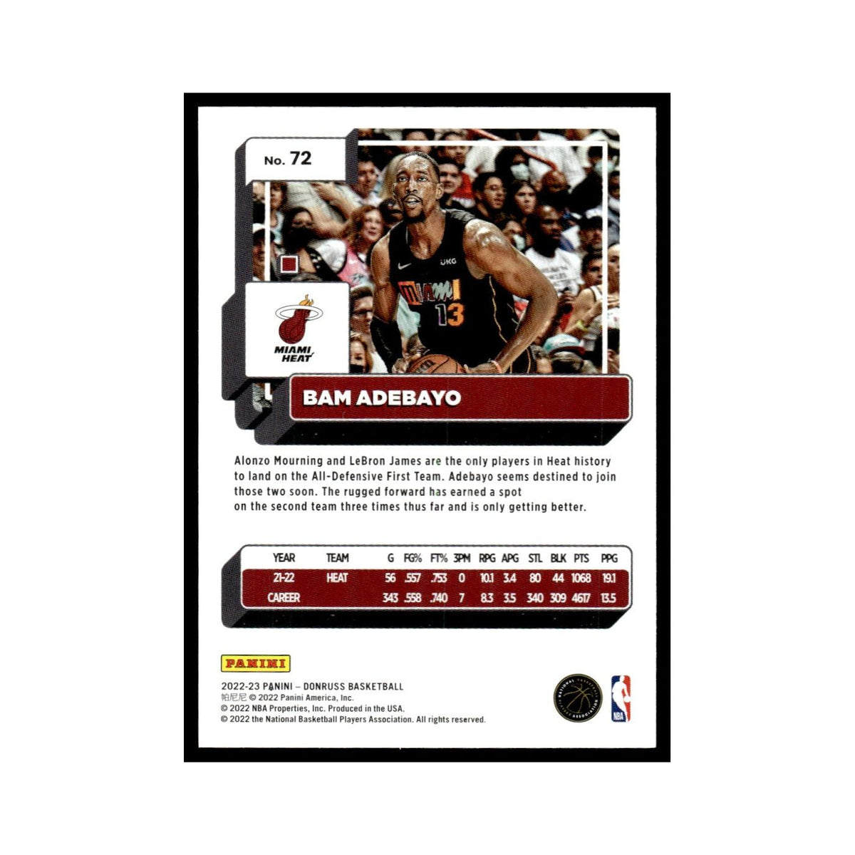 Bam Adebayo 2022 Donruss #72 Miami Heat Basketball Card NM