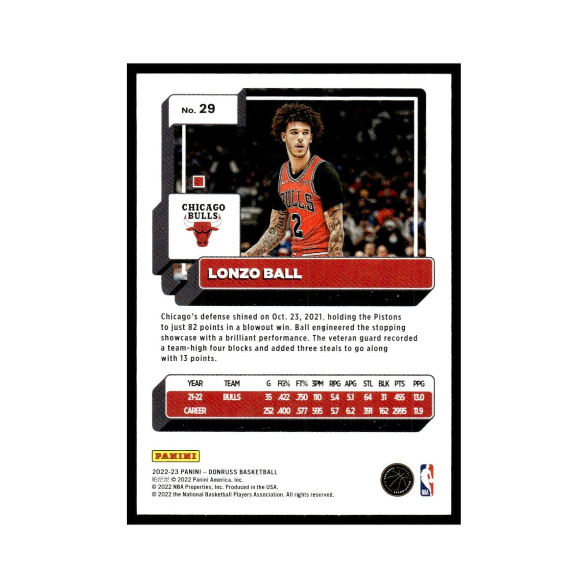 Lonzo Ball 2022 Donruss #29 Chicago Bulls Basketball Card NM
