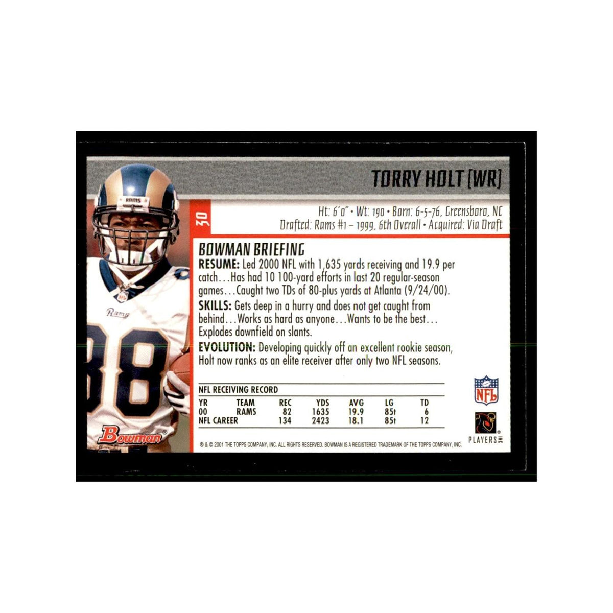 2001 Bowman Gold Torry Holt Football Cards #30