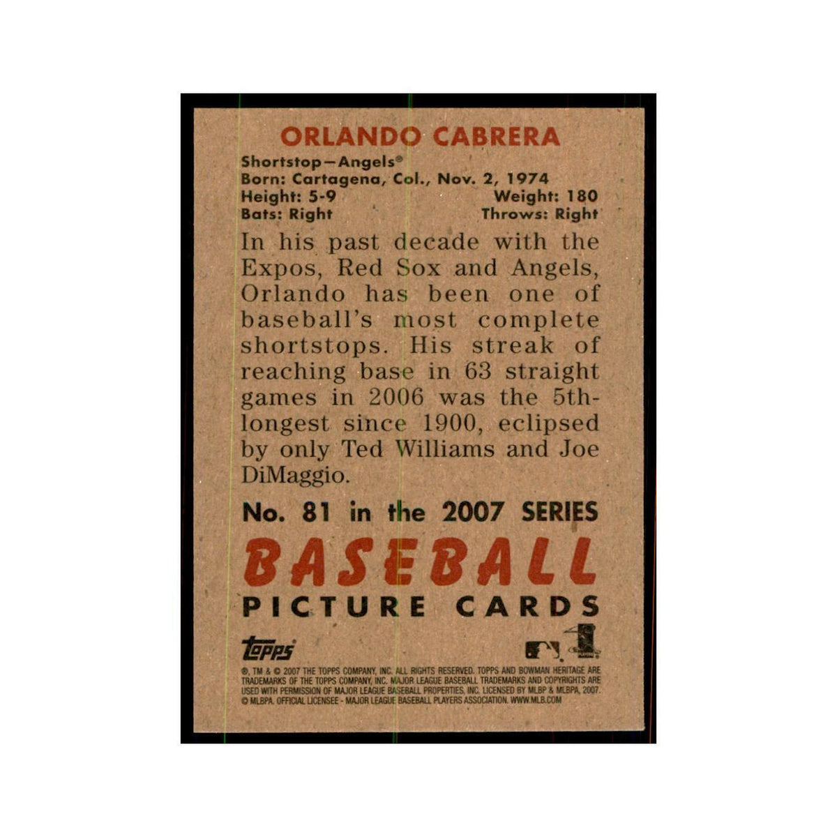 2007 Bowman Heritage Orlando Cabrera Baseball Cards #81
