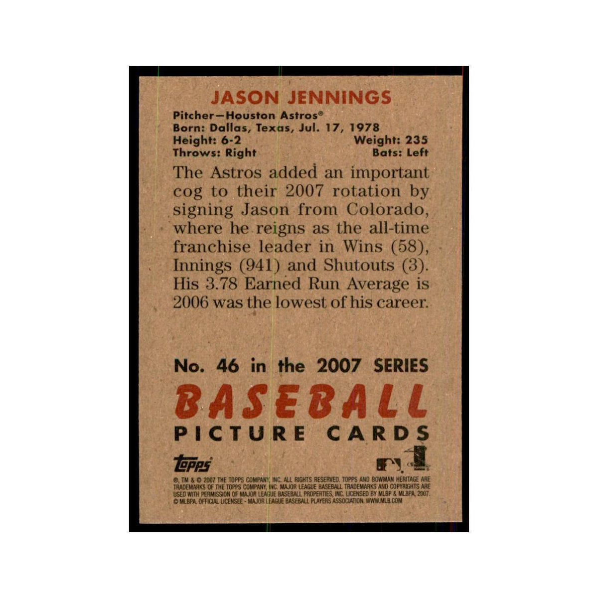 2007 Bowman Heritage Jason Jennings Baseball Cards #46