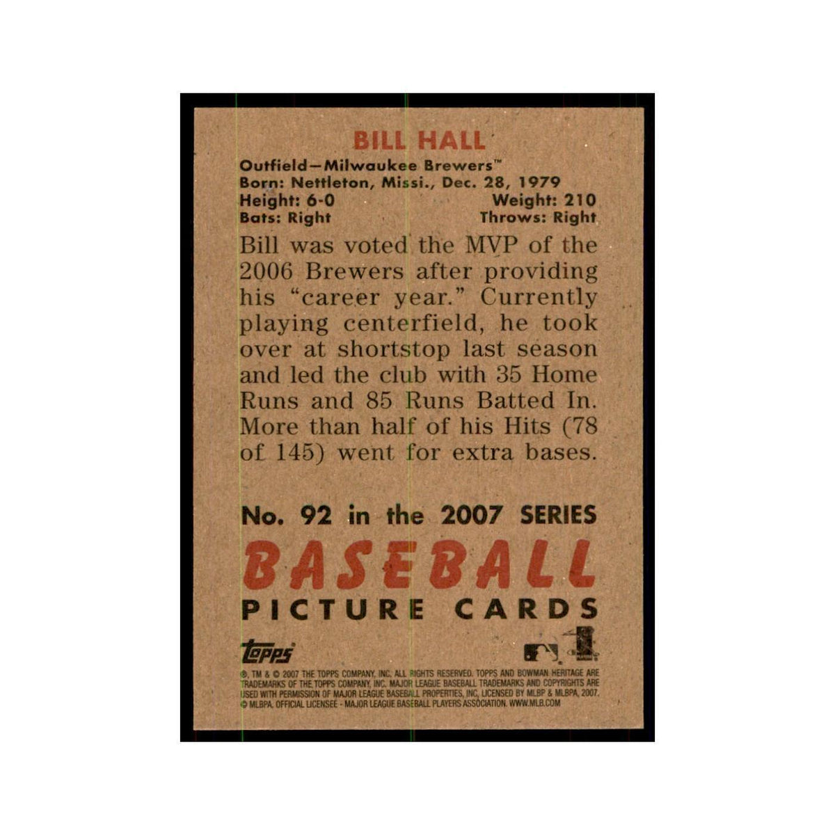2007 Bowman Heritage Bill Hall Baseball Cards #92