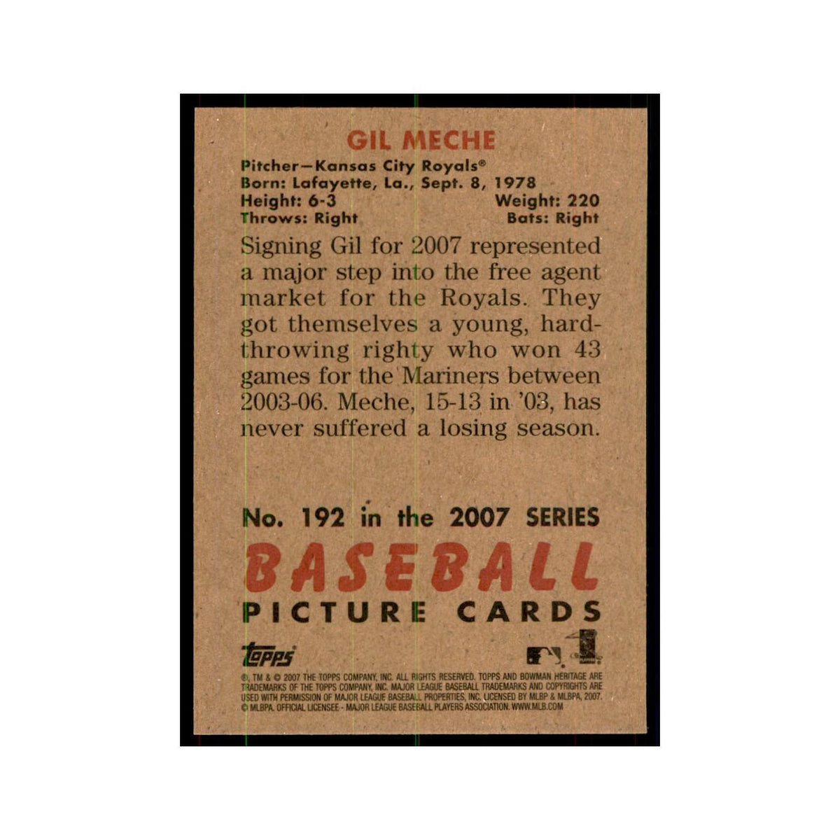 2007 Bowman Heritage Gil Meche Baseball Cards #192
