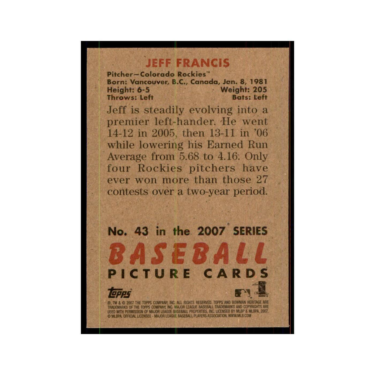 2007 Bowman Heritage Jeff Francis Baseball Cards #43