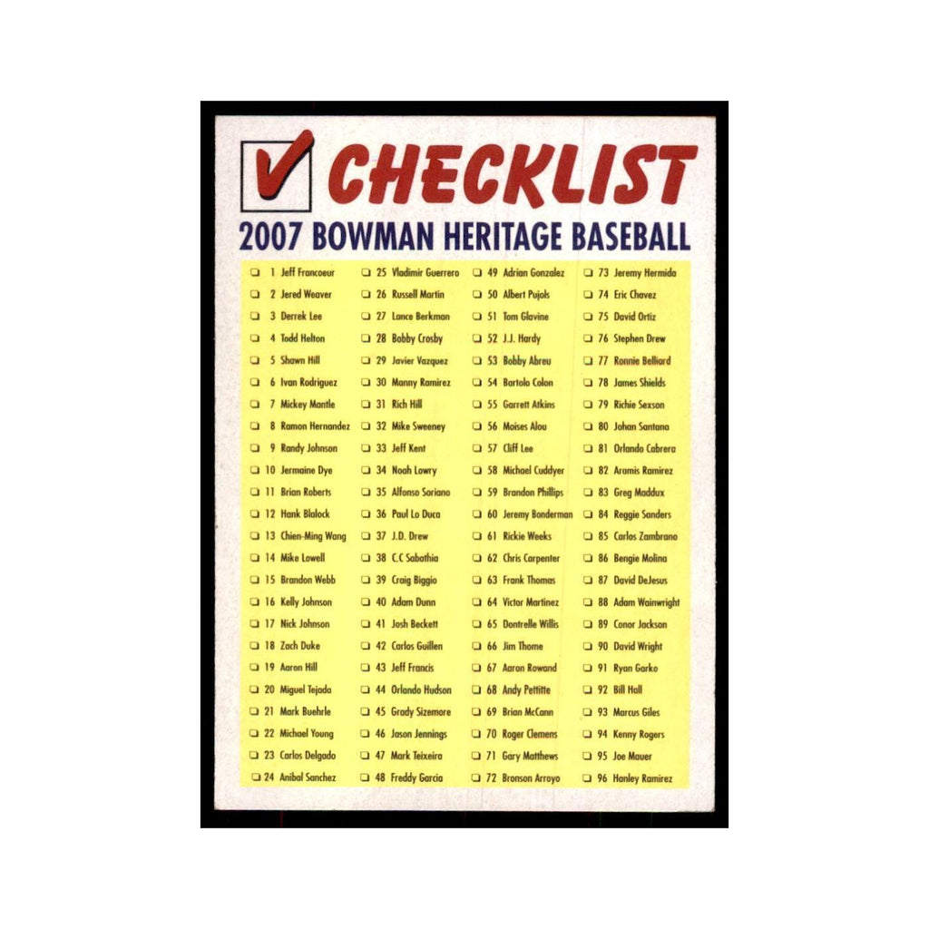 2007 Bowman Heritage Checklist 1 of 3 Baseball Cards #1 OF 3