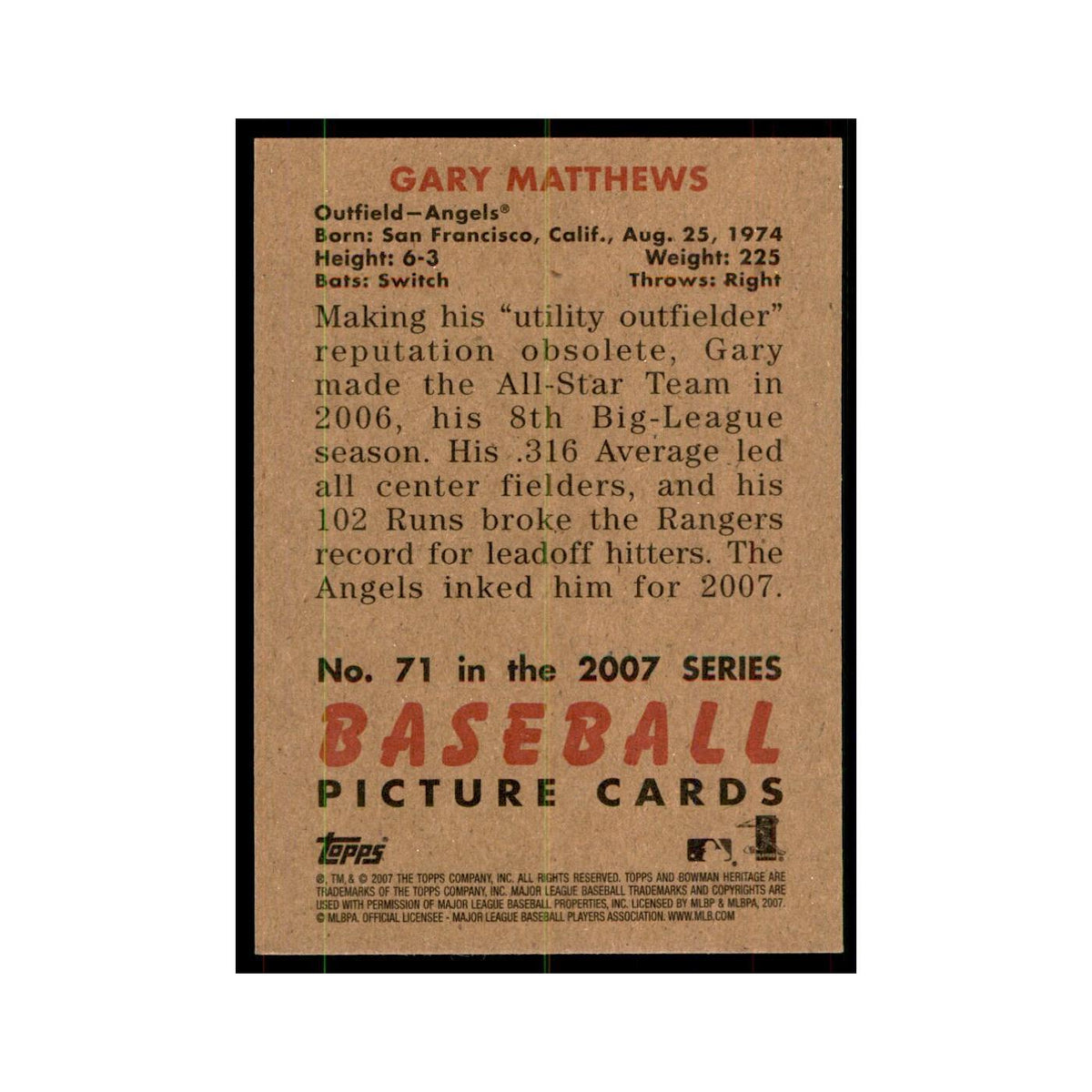 2007 Bowman Heritage Gary Matthews Baseball Cards #71