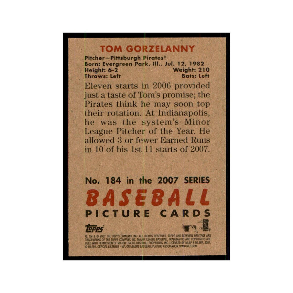2007 Bowman Heritage Tom Gorzelanny Baseball Cards #184