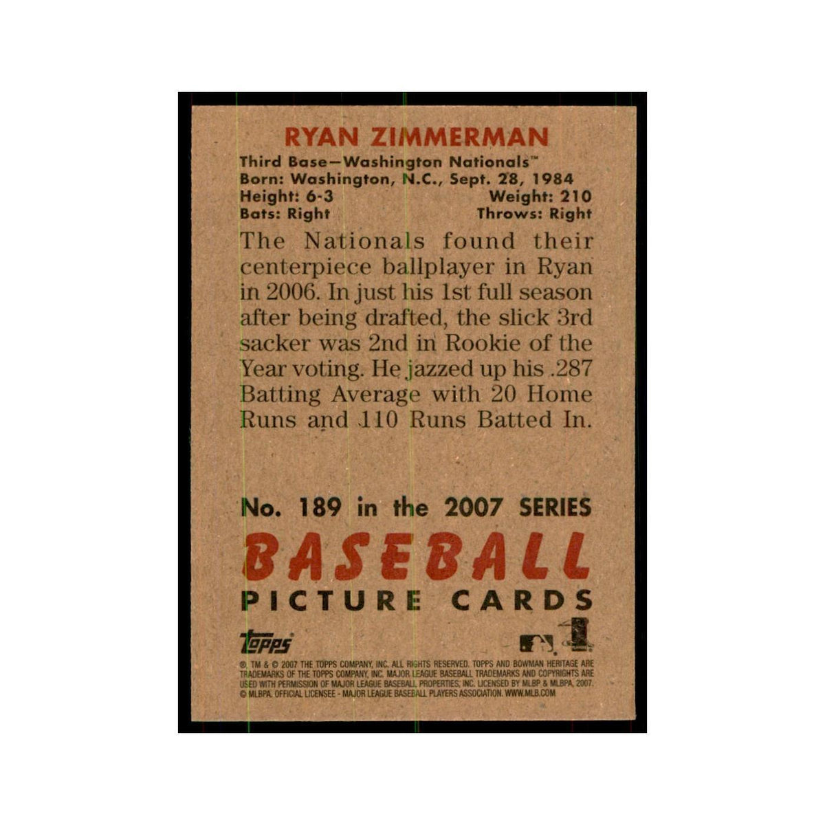 2007 Bowman Heritage Ryan Zimmerman Baseball Cards #189