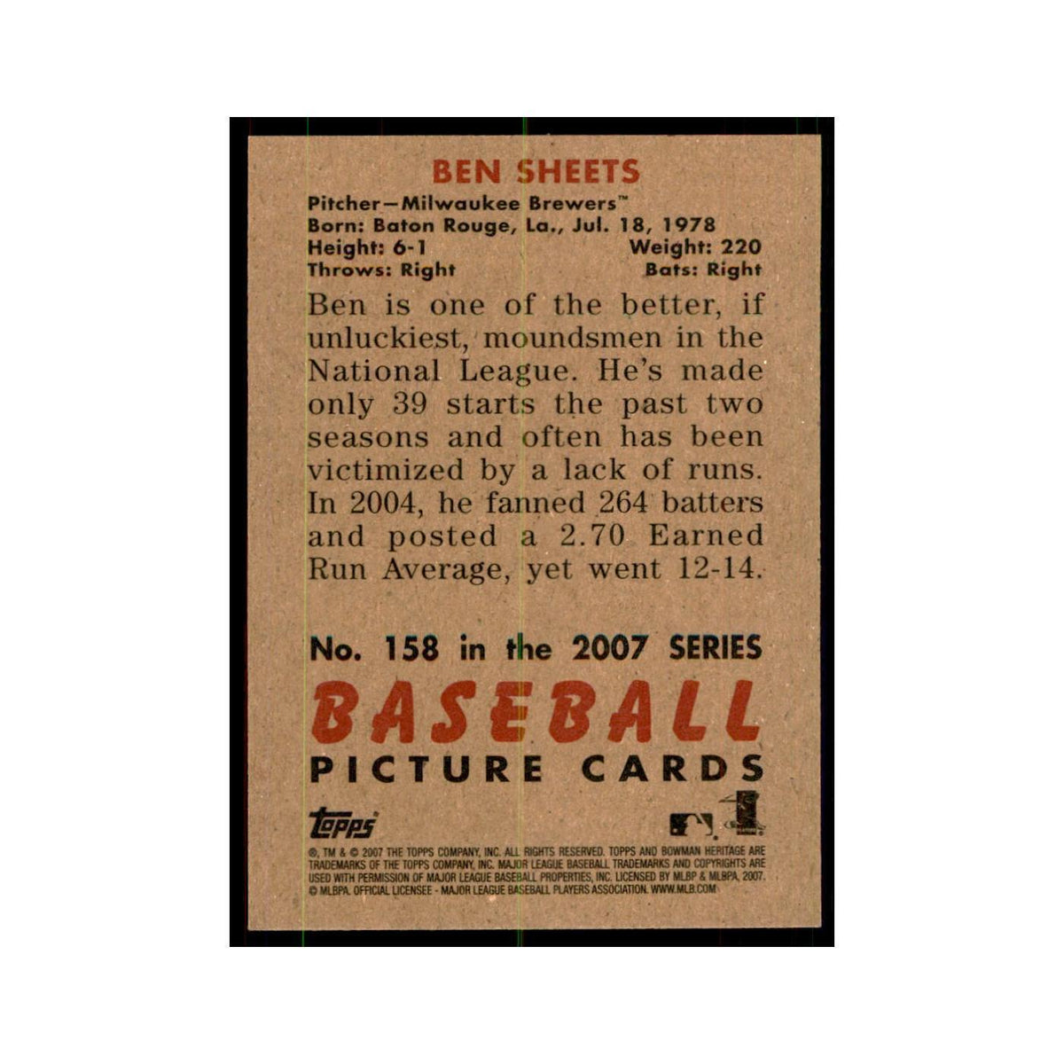2007 Bowman Heritage Ben Sheets Baseball Cards #158