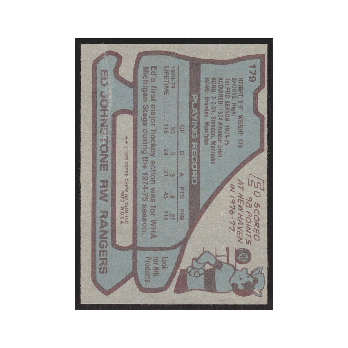 1979 Topps Ed Johnstone RC New York Rangers #179