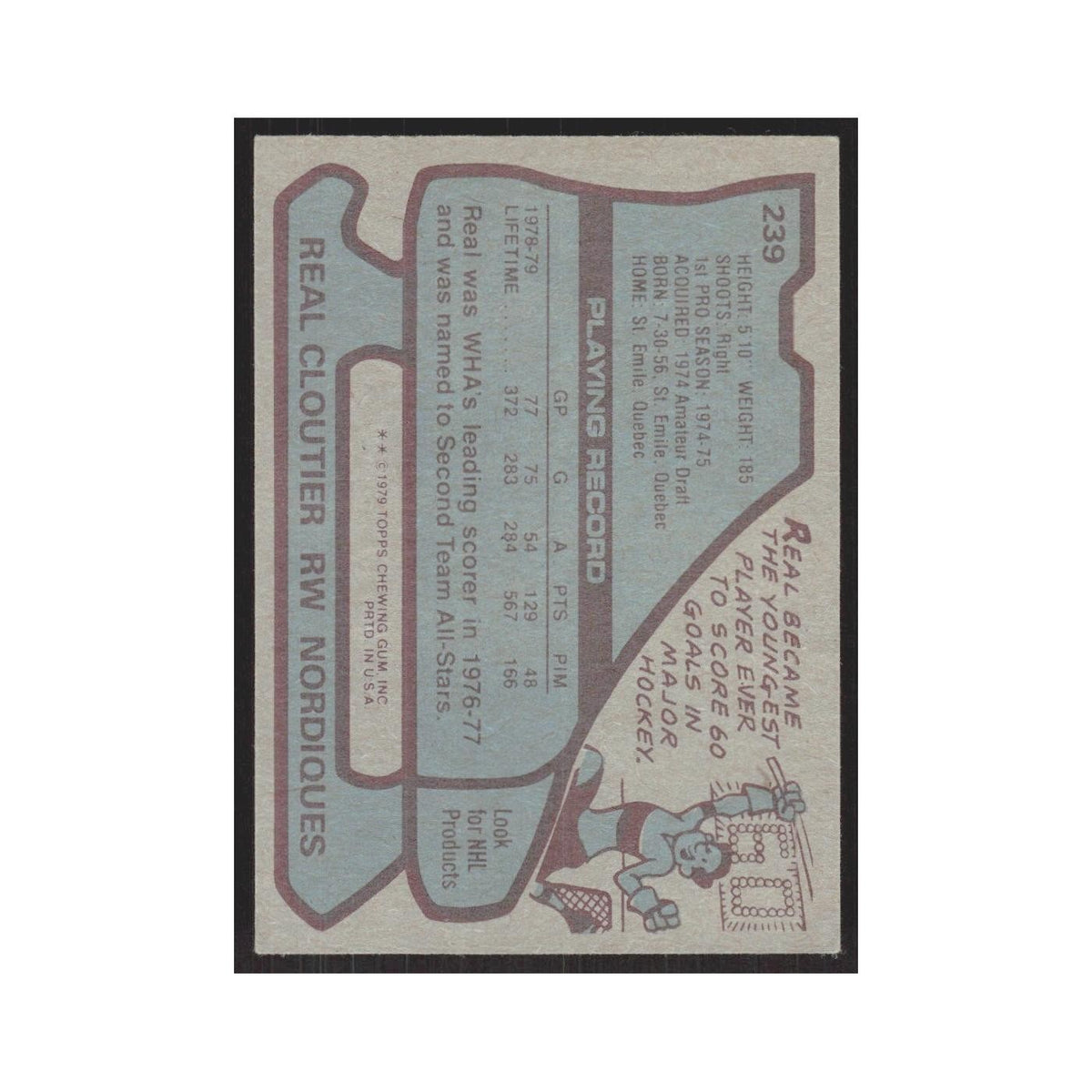 1979 Topps Real Cloutier Quebec Nordiques #239