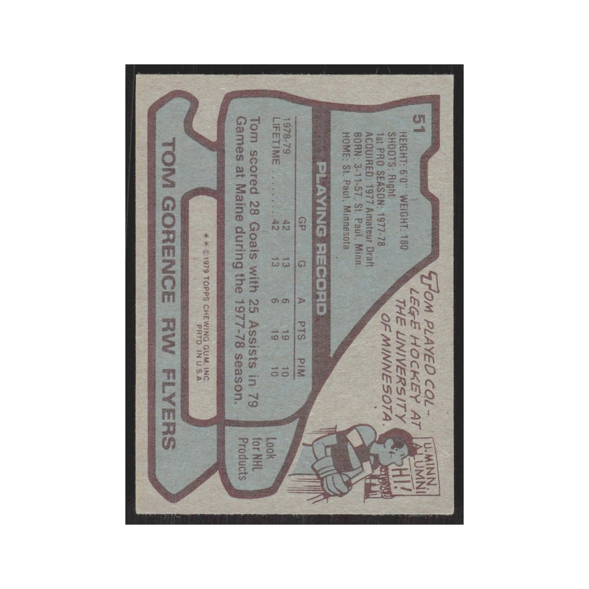 1979 Topps Tom Gorence RC Philadelphia Flyers #51