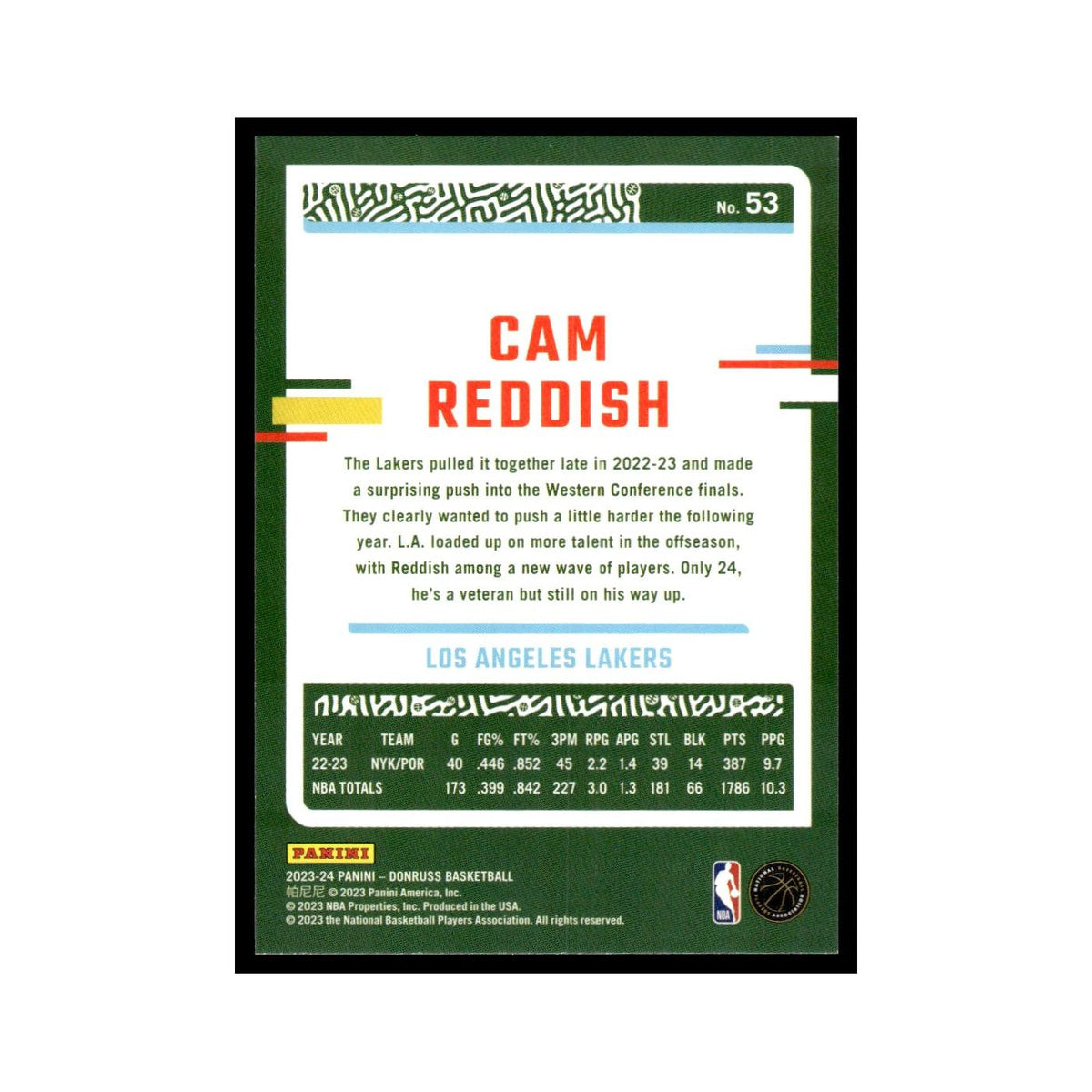Cam Reddish 2023 Donruss #53 Los Angeles Lakers Basketball Card NM