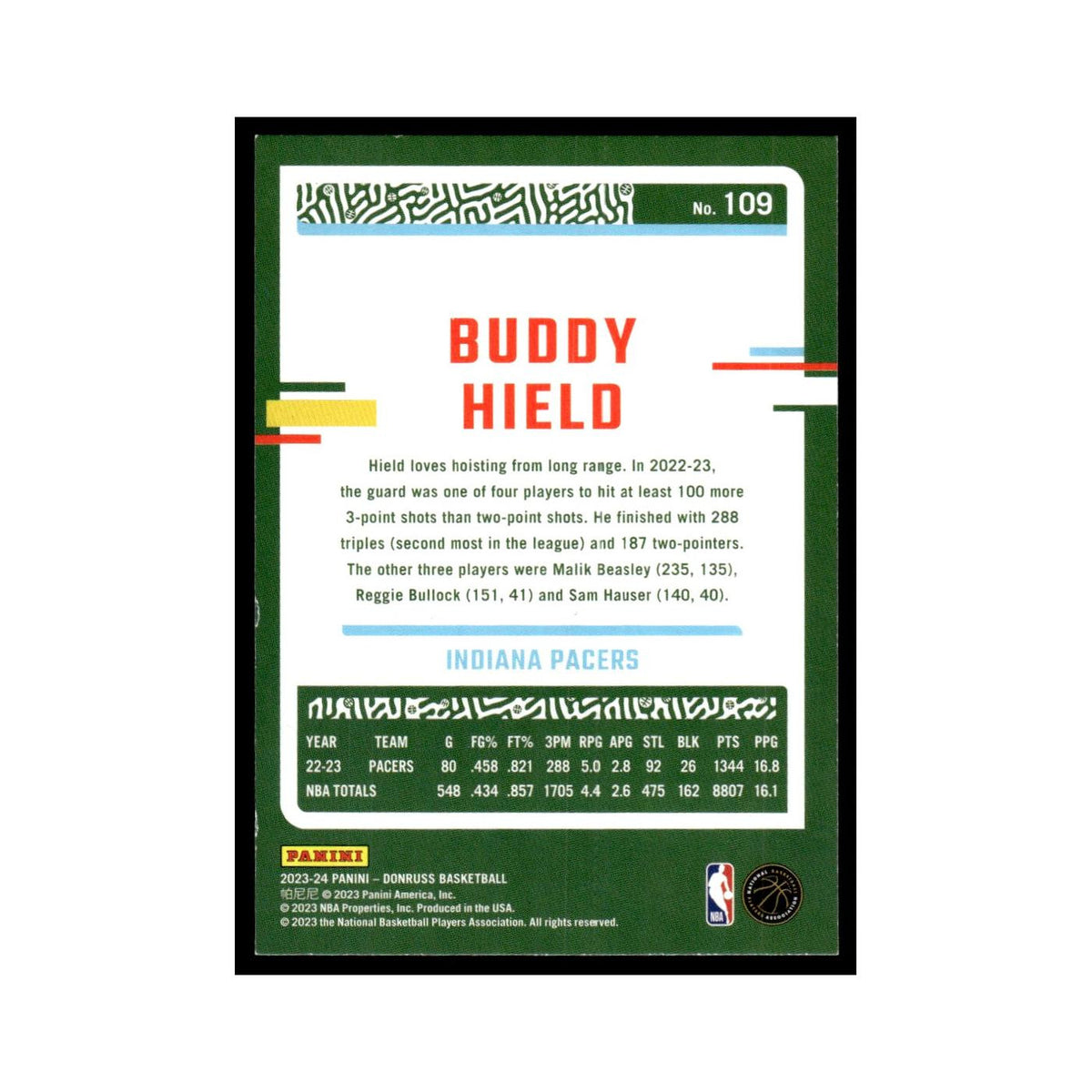 Buddy Hield 2023 Donruss #109 Indiana Pacers Basketball Card NM