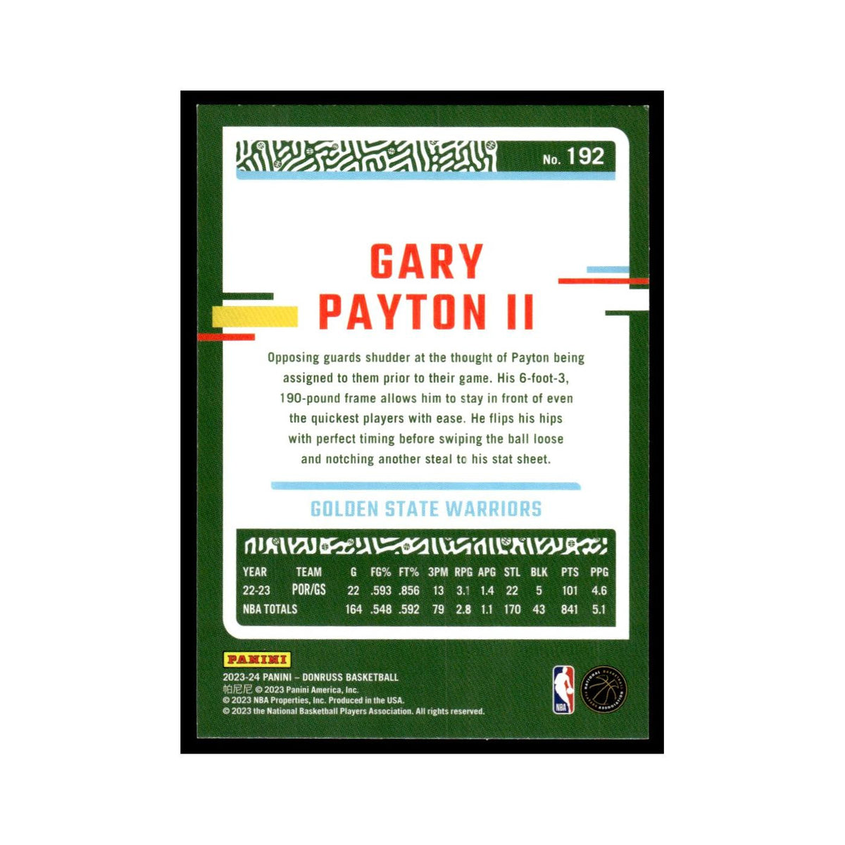 Gary Payton II 2023 Donruss #192 Golden State Warriors Basketball Card NM