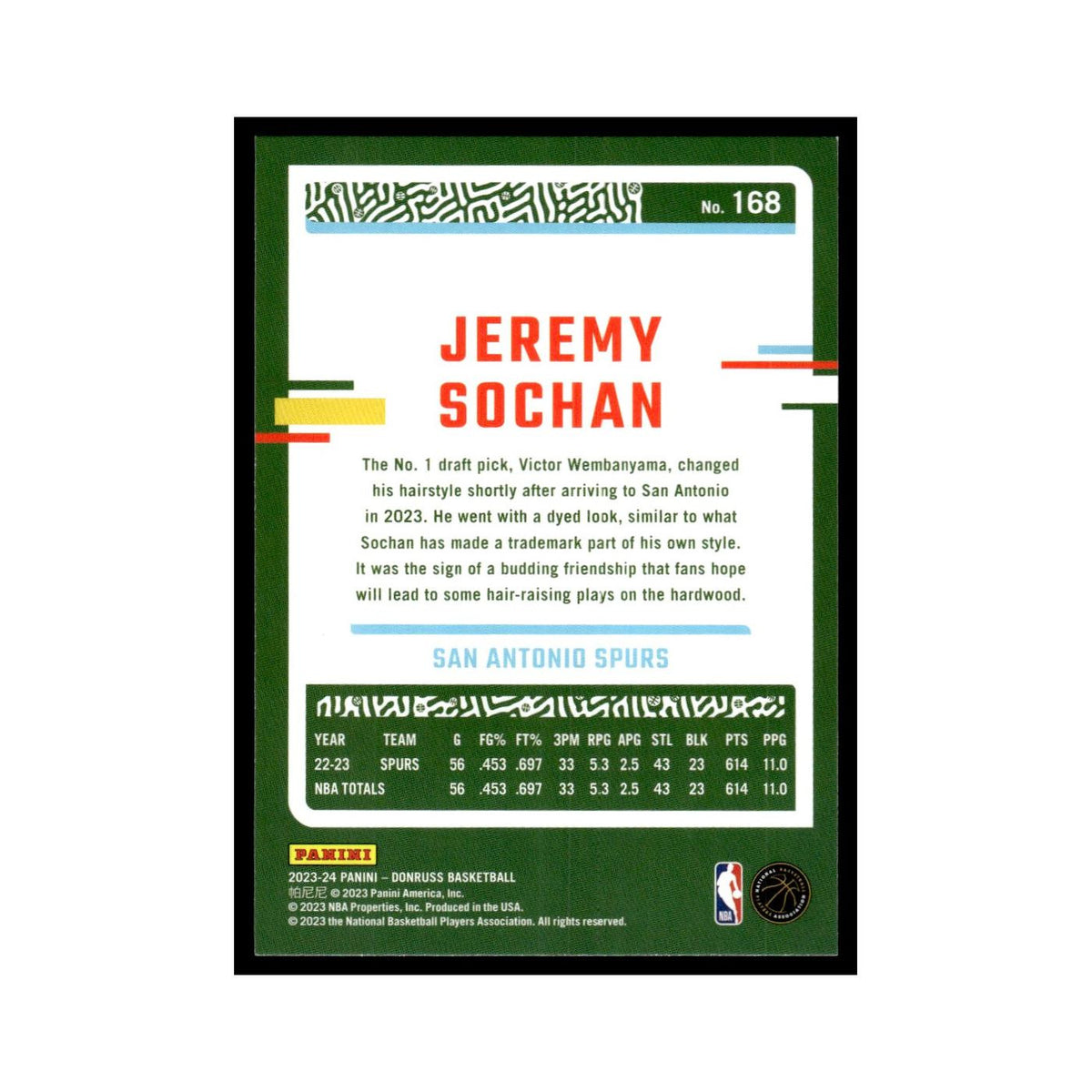 Jeremy Sochan 2023 Donruss #168 San Antonio Spurs Basketball Card NM