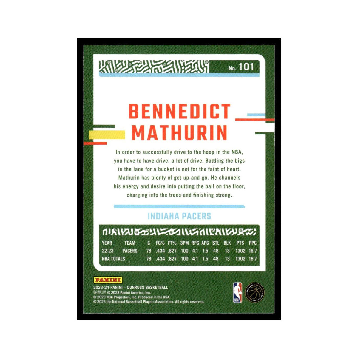 Bennedict Mathurin 2023 Donruss #101 Indiana Pacers Basketball Card NM