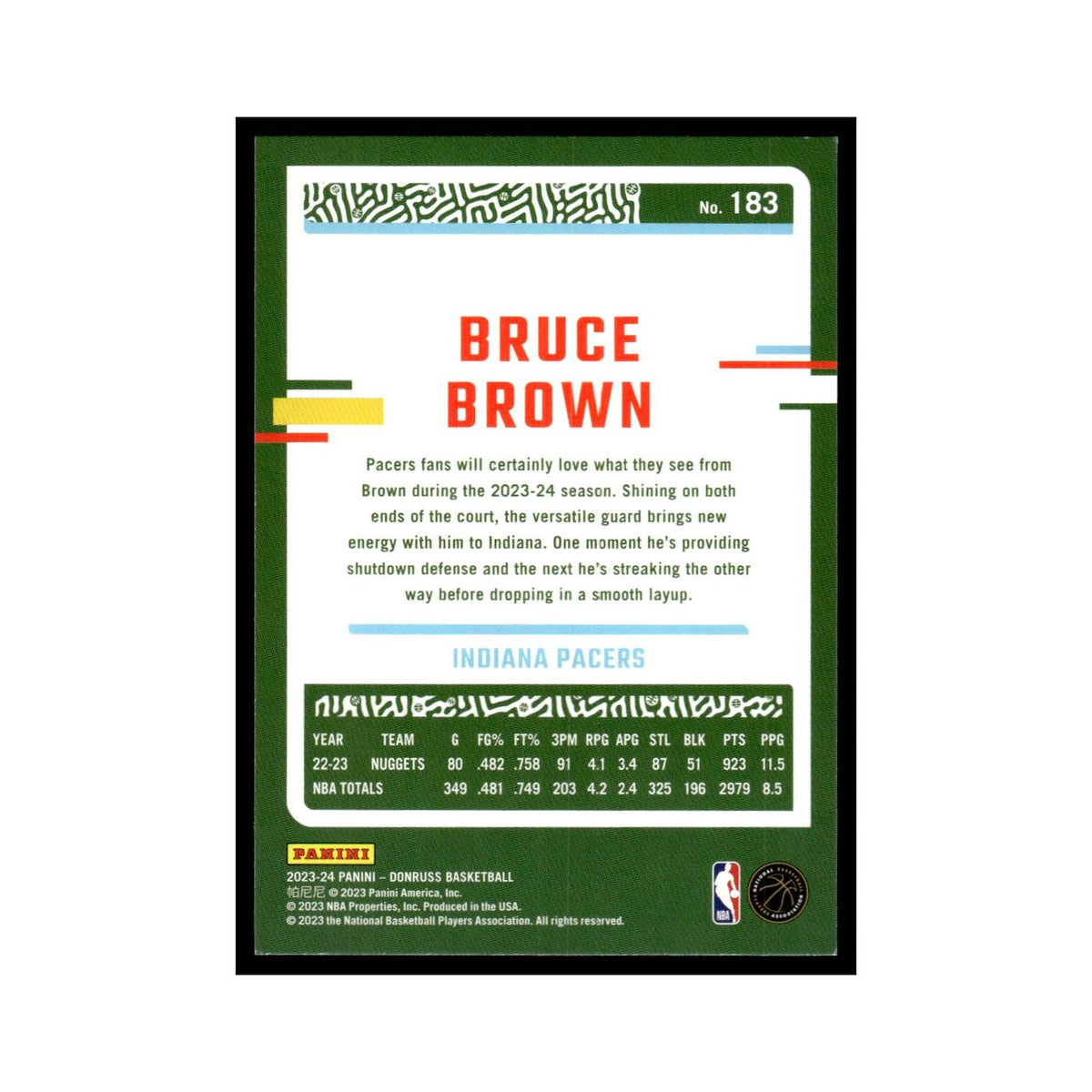 Bruce Brown 2023 Donruss #183 Indiana Pacers Basketball Card NM