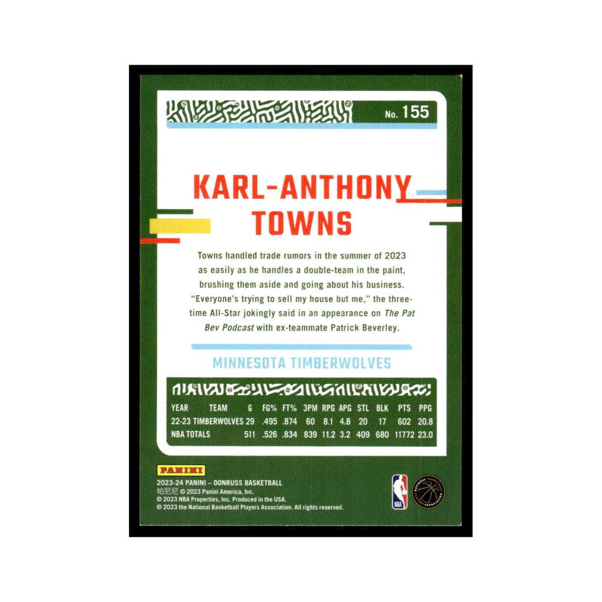 Karl-Anthony Towns 2023 Donruss #155 Minnesota Timberwolves Basketball Card NM