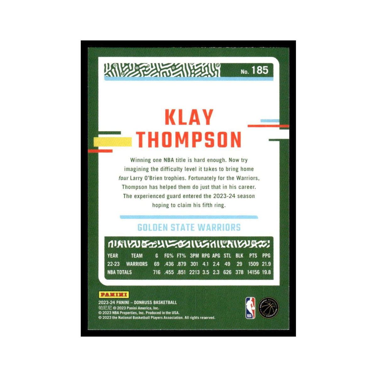 Klay Thompson 2023 Donruss #185 Golden State Warriors Basketball Card NM