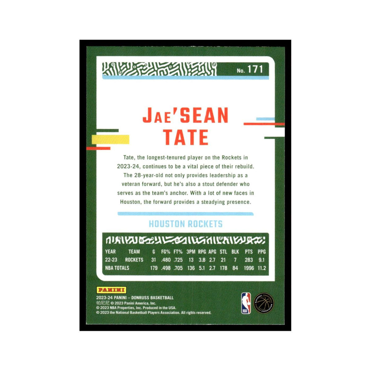 Jae'Sean Tate 2023 Donruss #171 Houston Rockets Basketball Card NM