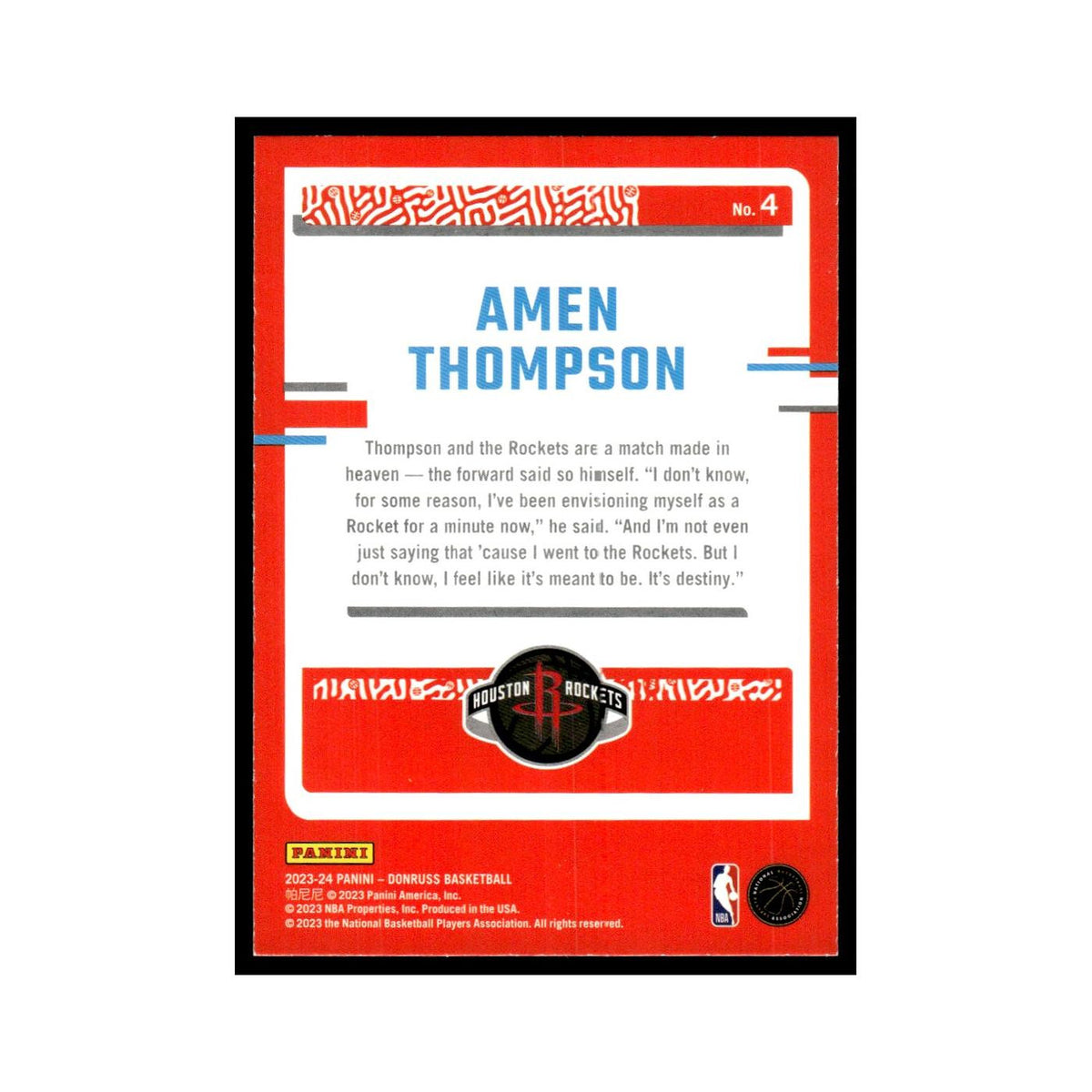 Amen Thompson 2023 Donruss #4 Houston Rockets Basketball Card NM
