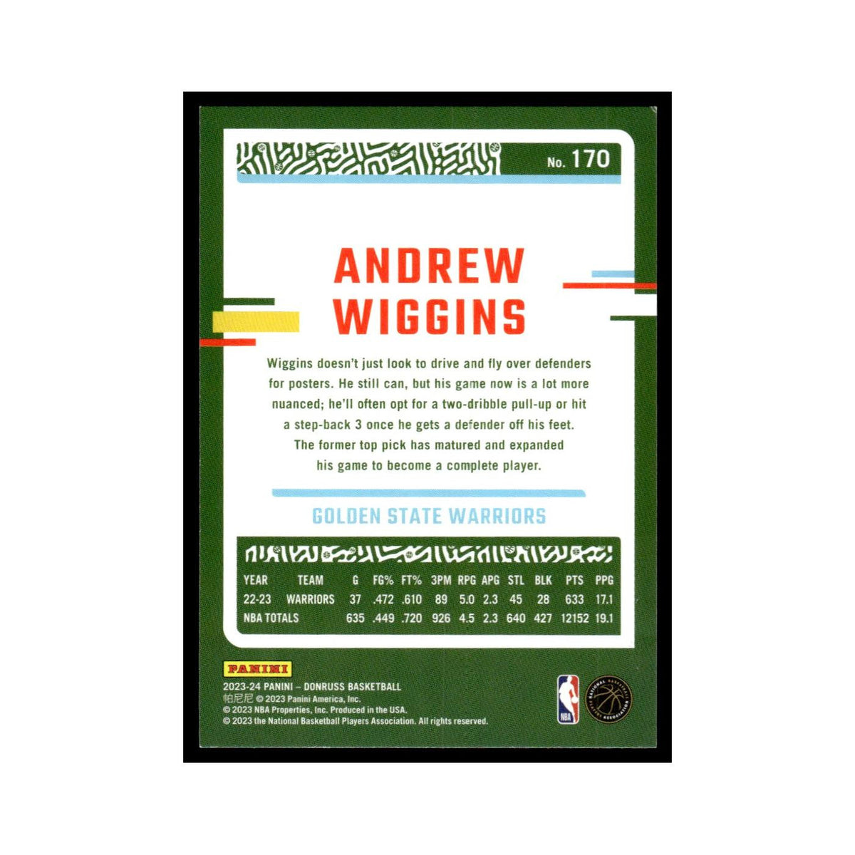 Andrew Wiggins 2023 Donruss #170 Golden State Warriors Basketball Card NM