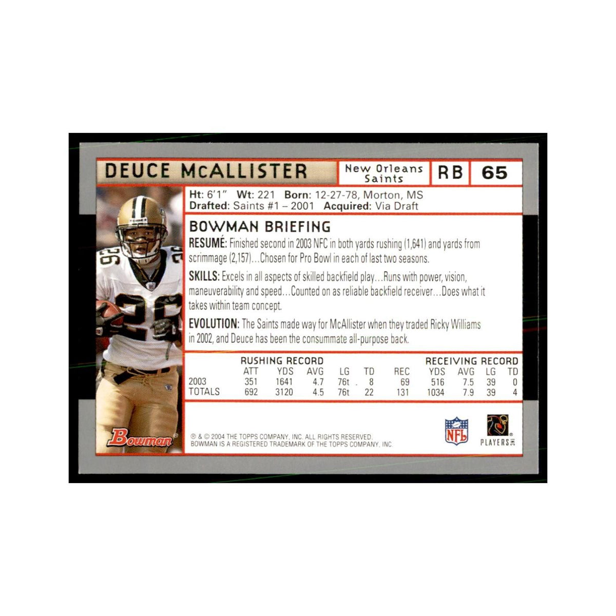 2004 Bowman Deuce McAllister Football Cards #65