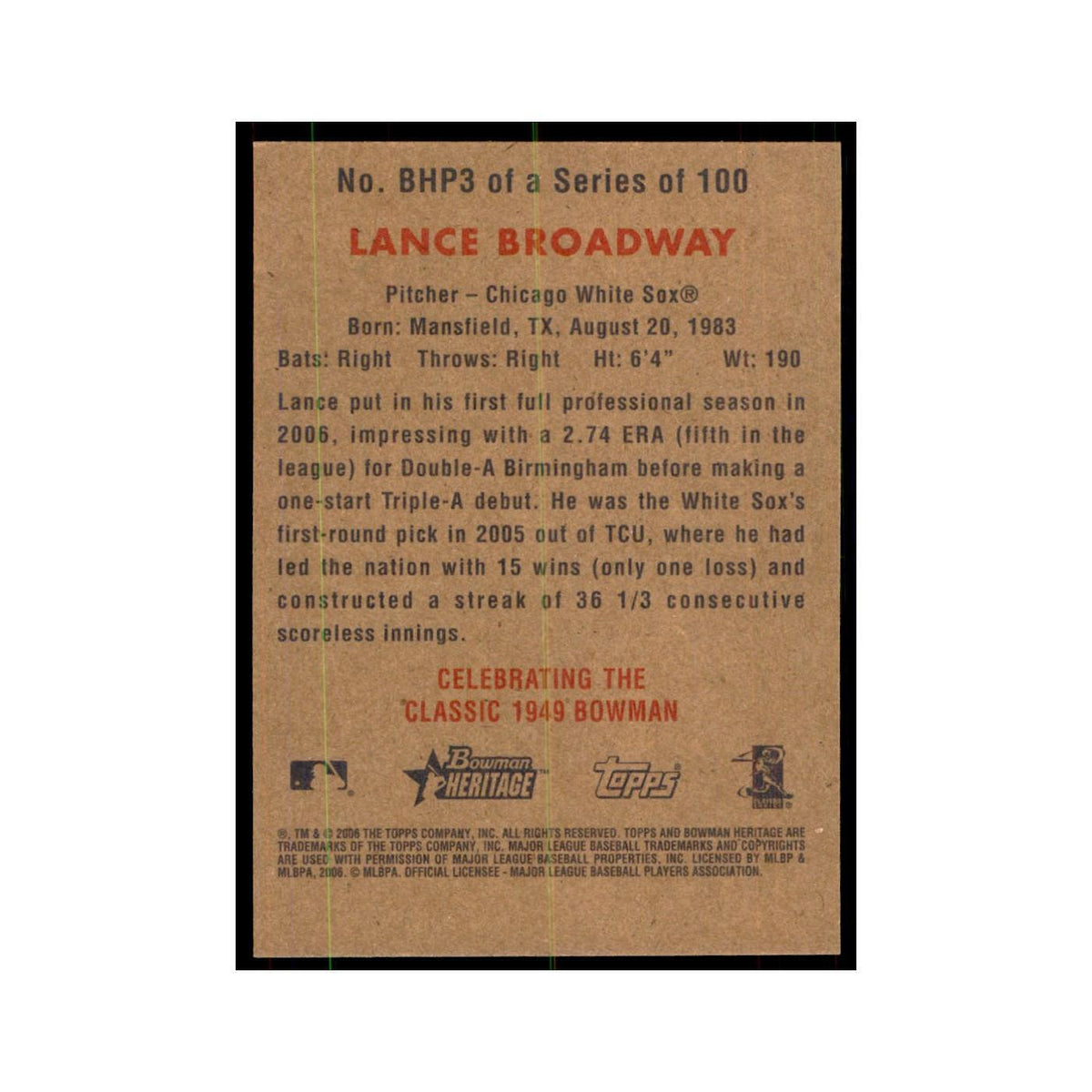 2006 Bowman Heritage Lance Broadway Baseball Cards #BHP3