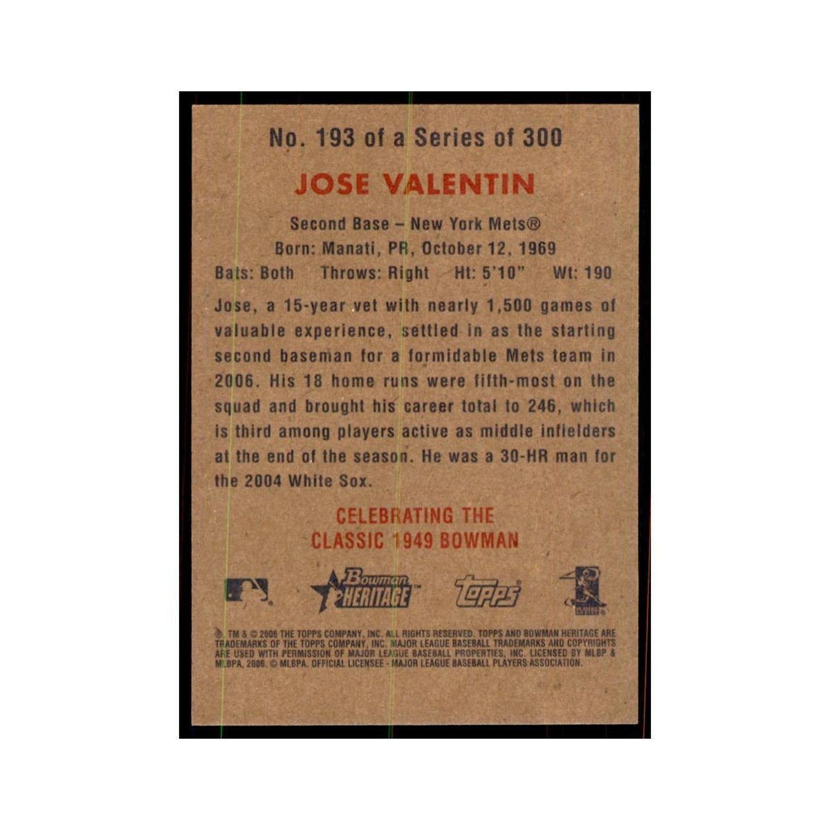 2006 Bowman Heritage Jose Valentin Baseball Cards #193