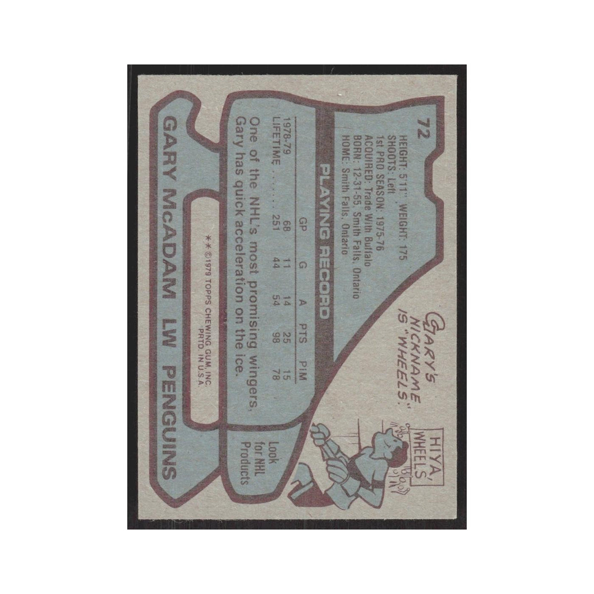 1979 Topps Gary McAdam Pittsburgh Penguins #72