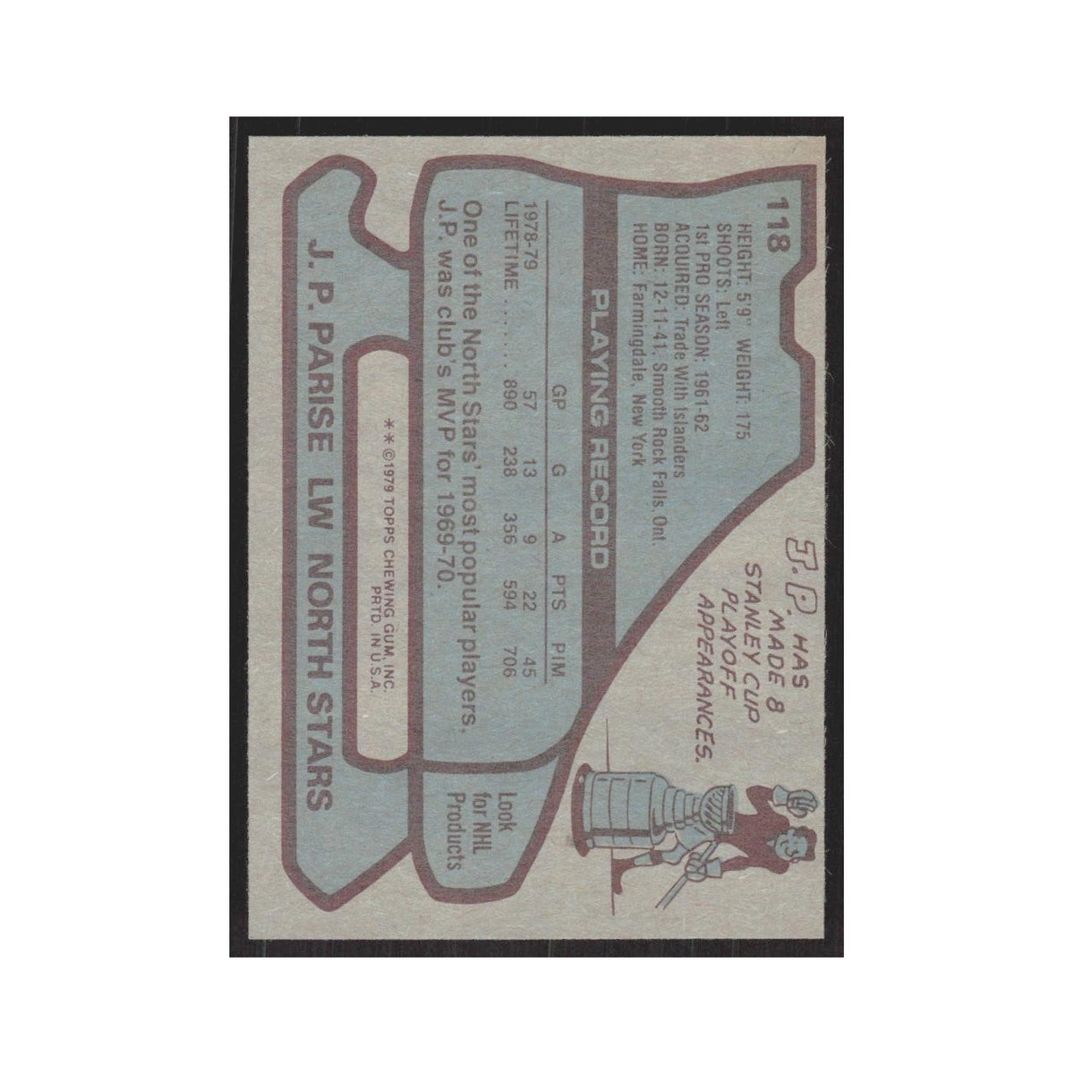 1979 Topps J.P. Parise Minnesota North Stars #118