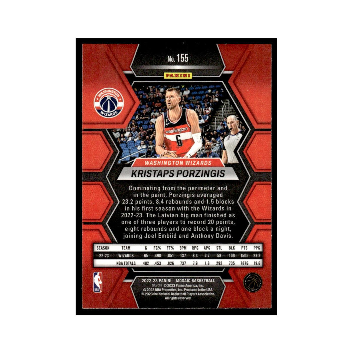 Kristaps Porzingis 2022 Panini Mosaic #155 Washington Wizards Basketball Card NM