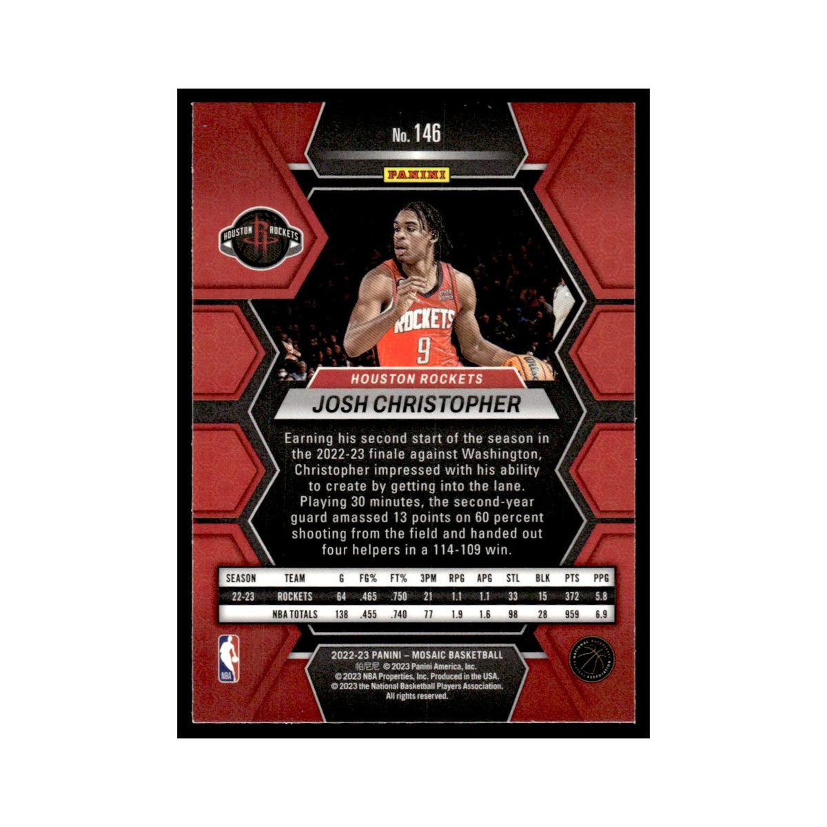 Josh Christopher 2022 Panini Mosaic #146 Houston Rockets Basketball Card NM