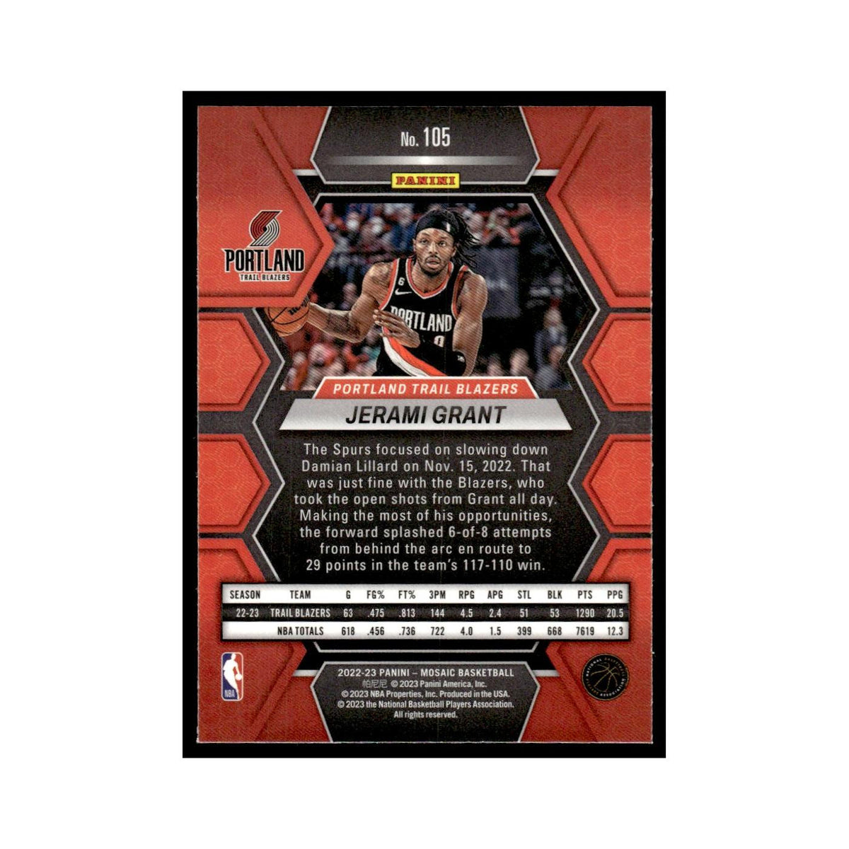 Jerami Grant 2022 Panini Mosaic #105 Portland Trail Blazers Basketball Card NM