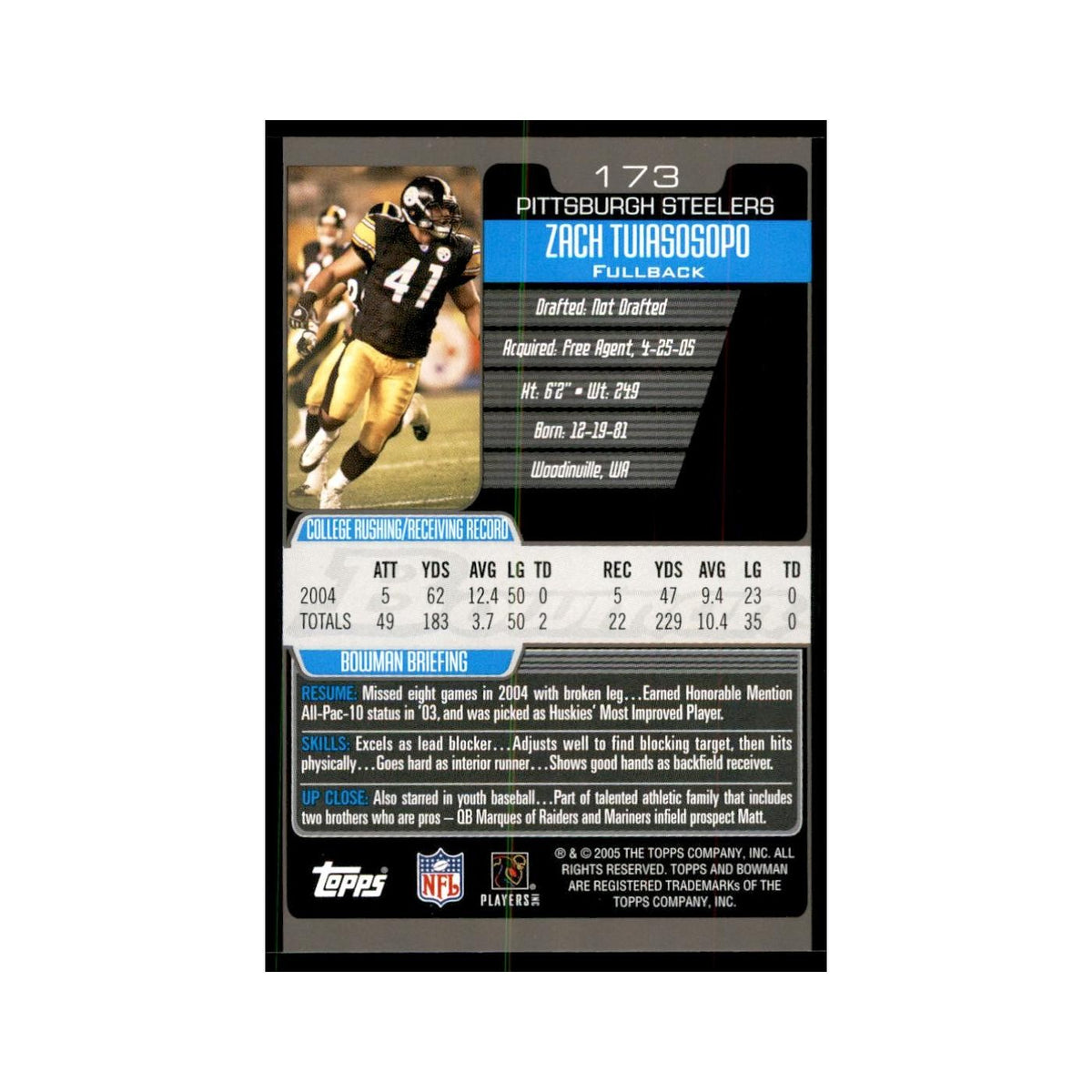 2005 Bowman Zach Tuiasosopo RC Football Cards #173