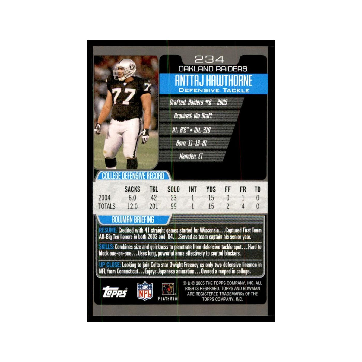 2005 Bowman Anttaj Hawthorne RC Football Cards #234