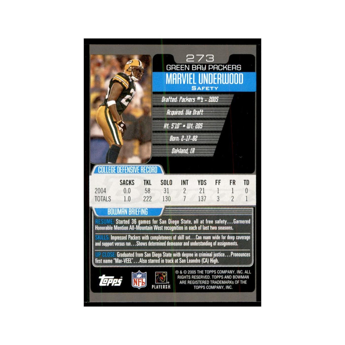 2005 Bowman Marviel Underwood RC Football Cards #273