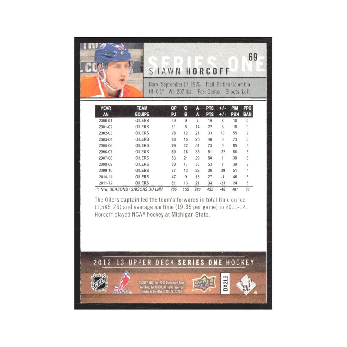 2012 Upper Deck Shawn Horcoff Edmonton Oilers #69