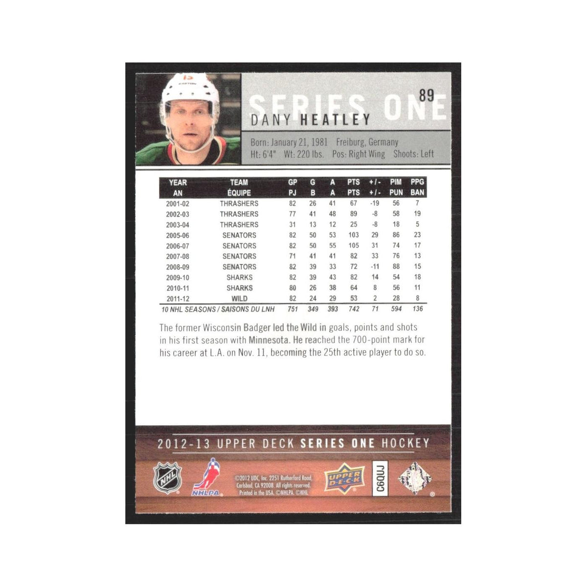 2012 Upper Deck Dany Heatley Minnesota Wild #89